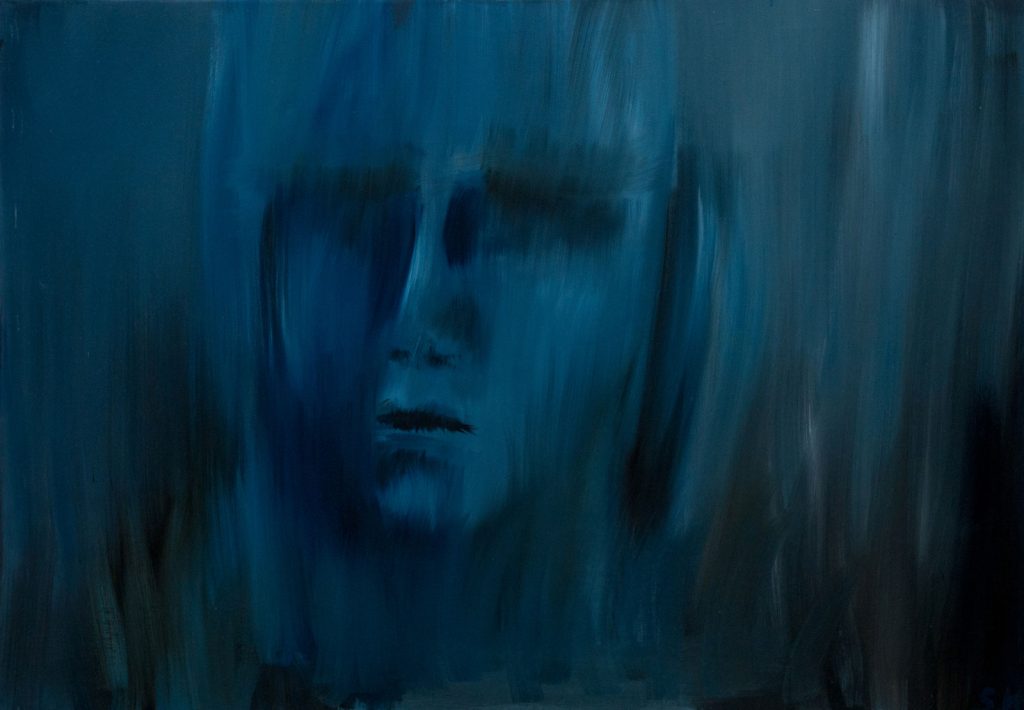 Hidden, me, dark blue, Oil on canvas - מתחבאה, אני, שמן על הבד